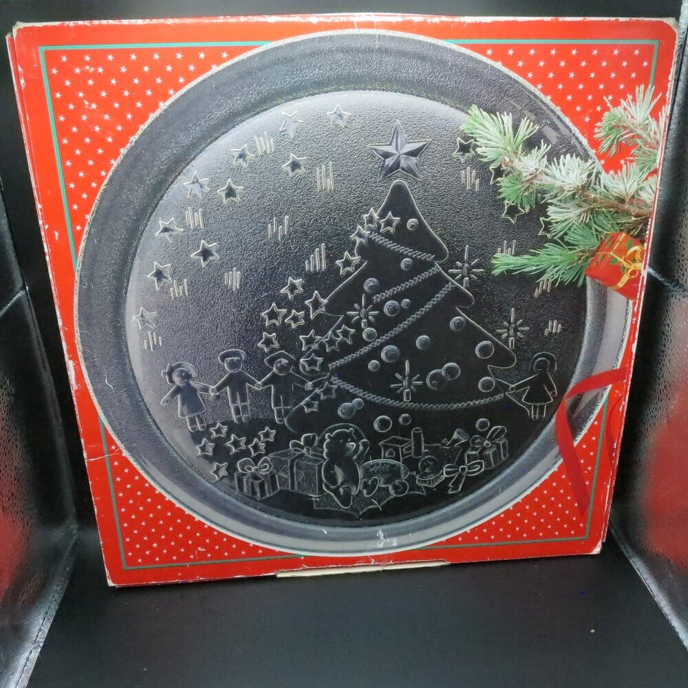 Duralex Christmas Tree Teddy Bear Presents Glass Platter 13" #3480 France